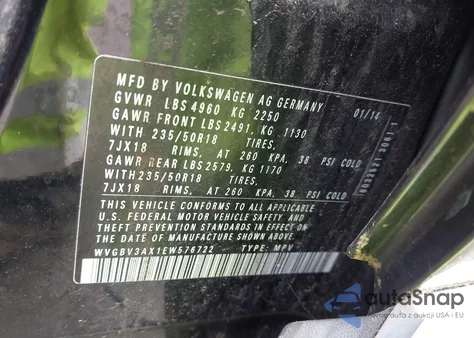 2014 Volkswagen Tiguan Se from USA, damaged, VIN WVGBV3AX1EW576722